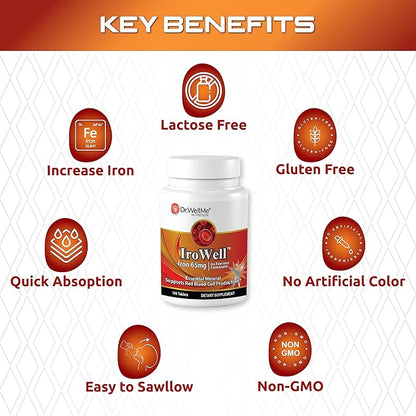 Irowell, The Power of Iron! Made with Ferrous Fumarate, Anion Ferrous Salt, 65mg, 100 Tablets, 100 Day Supply