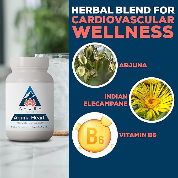 Ayush Herbs Arjuna Heart - Complete Heart-Support Supplement, Natural Arjuna, Magnesium & CoQ10 Formula for Women & Men - 90 Vegetarian Caplets (1 Count)