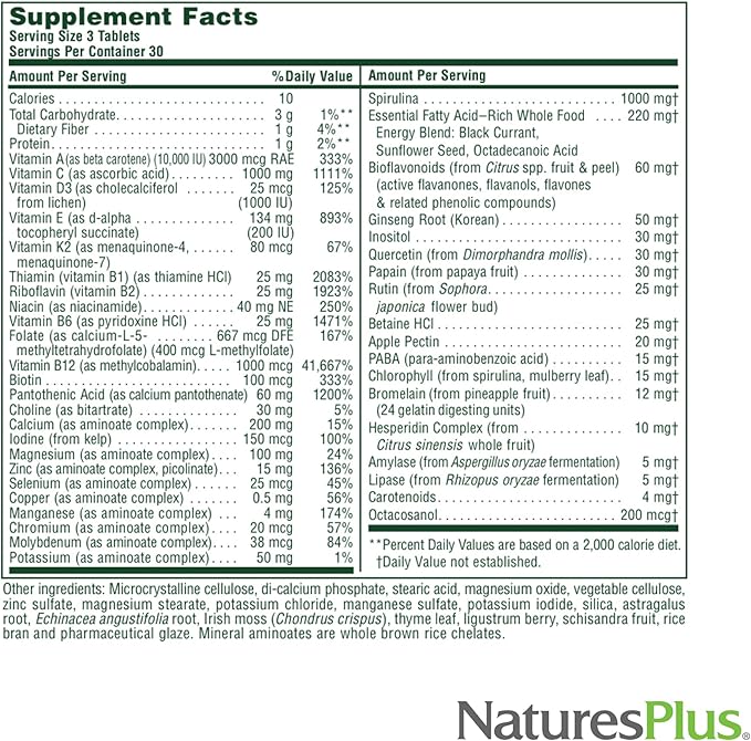 Natures Plus Source of Life No Iron Tablets - 90 Vegetarian Tablets - Whole Food Multivitamin & Mineral Supplement, Energy & Immunity Booster- Gluten-Free - 30 Servings