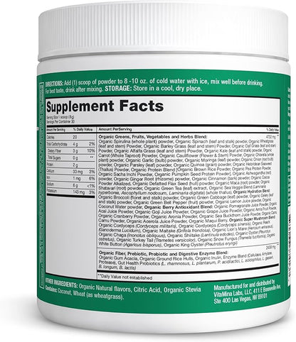 Organic Super Greens Powder, 70+ Superfoods, 0 Sugar, 3G Fiber, Spirulina, Chlorella, Antioxidants, Prebiotics/Probiotics, Digestive Enzymes, Mango, 30 Servings