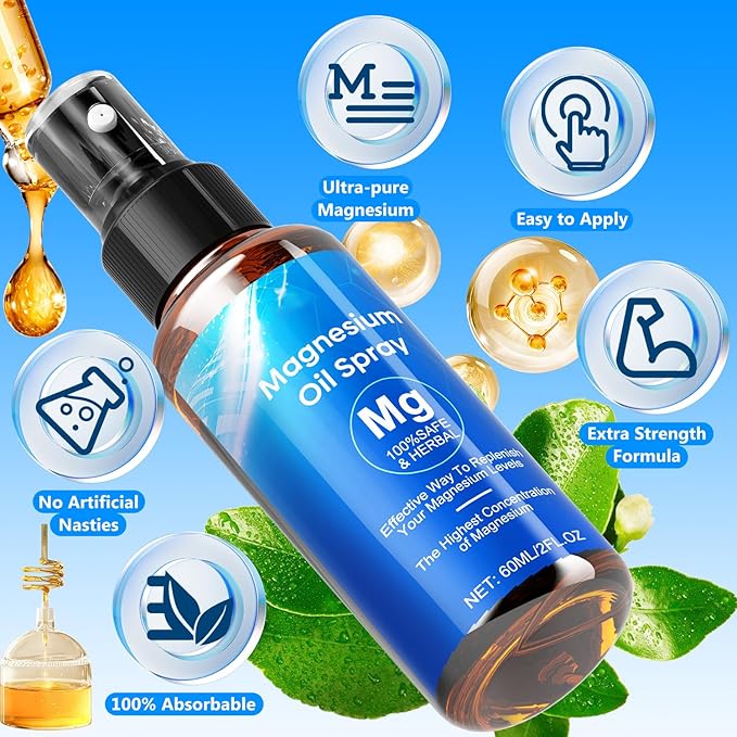 Magnesium Oil Spray, Magnesium Oil Skin & Body Extra Strength, 60Ml Pure Magnesium Chloride Oil Spray, Organic Natural Magnesium Spray, Easy to Absorb and Use