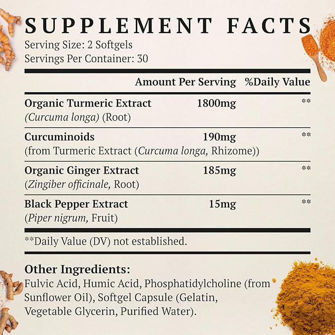 Liposomal Turmeric Curcumin Supplement - 2000mg, 95% Curcuminoid Extract with Piperine - 60 Softgels (2 Bottle)