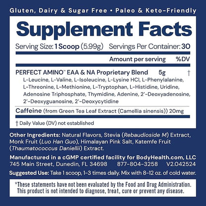 BodyHealth PerfectAmino Powder - BCAA and EAA Powder for Pre and Post Workout - Amino Acid Energy Drink for Men and Women to Support Lean Muscle and Recovery - Mocha - 30 Servings