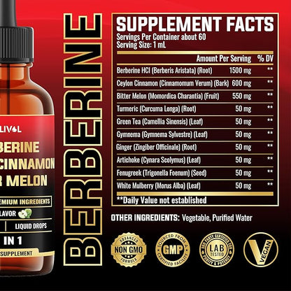 10in1 Liquid Drops Berberine with Ceylon Cinnamon Bitter Melon Turmeric Ginger Gymnema Sylvestre and More - 2 Fl Oz