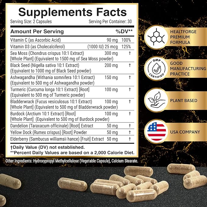 Shilajit, Ashwagandha Capsules & Sea Moss Capsules Black Seed Oil Capsules Ashwagandha, Turmeric - Shilajit for Woman Men Immune Support Rhodiola Rosea, Shilajit 60 Capsules & Sea Moss 60 Capsules Set
