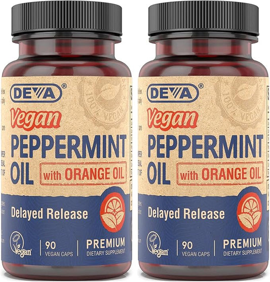 DEVA Vegan Peppermint Oil Capsules, Delayed Release, 2-Pack with Organic Orange & Coconut Oils, 90 Count Ea