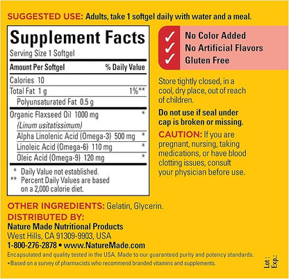 Nature Made Flaxseed Oil 1000 mg, Fish Free Omega 3 Supplement, Dietary Supplement for Heart Health Support, 100 Softgels, 100 Day Supply