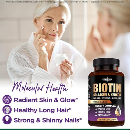 NEW AGE Biotin Collagen Keratin Hyaluronic Acid - 50,000mcg Hair Growth Vitamins for Men and Women, Nails, Hair, Skin Vitamins and DHT Blocker with Vitamin E Folic Acid Pumpkin Seed MSM - 90 Count