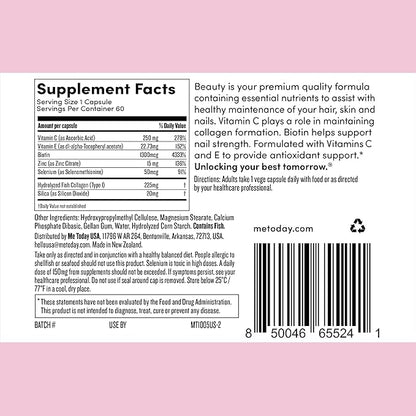 Beauty Supplement, for Hair, Skin and Nails, 60 Capsules, with Vitamin C, Collagen, Biotin and Zinc