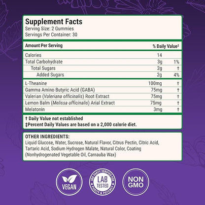 Nested Naturals Luna Sleep Gummies - Non-Habit Forming Melatonin Gummies 3mg with L-Theanine, Valerian Root, GABA, and Lemon Balm - Sleep Gummies for Adults - Mixed Berry, 60 Vegan Gummies