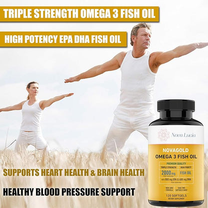 Omega 3 Burpless Fish Oil Supplement 2000mg Max Strength Maintain Healthy Heart, Sharper Brain, Shiny Hair, Boost Immune System, High Potency EPA & DHA Vitamin E, Non-GMO 120 Small Liquid Softgels