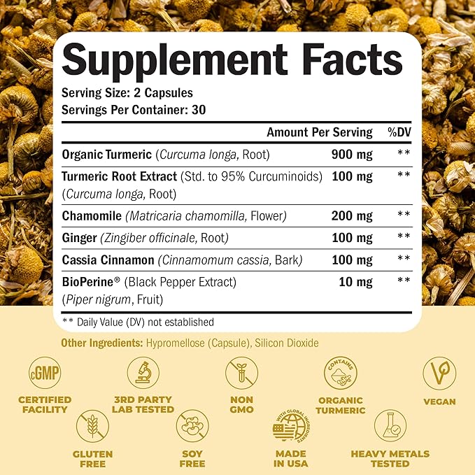 Turmeric Supplement & Chamomile Capsules for Sleep - Organic Turmeric Sleep Supplement with Chamomile Flowers Extract (Manzanilla) - Relaxation & Stress Support - Joint & Digestive Health. 60 Capsules