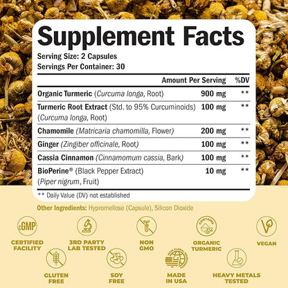 Turmeric Supplement & Chamomile Capsules for Sleep - Organic Turmeric Sleep Supplement with Chamomile Flowers Extract (Manzanilla) - Relaxation & Stress Support - Joint & Digestive Health. 60 Capsules
