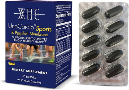 WHC UnoCardio Sports & Eggshell Membrane Fish Oil, Supports Joints & A Healthy Heart,1250 mg of Omega-3, 720 mg EPA, 480 mg DHA, Unflavored, 60 Softgels