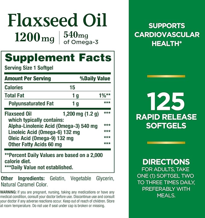 Nature's Bounty Flaxseed and Omega 3, Dietary Supplement, Supports Cardiovascular Health, 1200mg, Softgels, 125 ct
