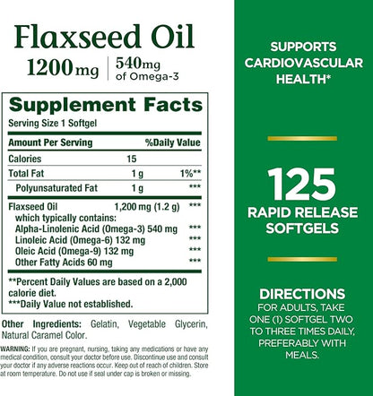 Nature's Bounty Flaxseed and Omega 3, Dietary Supplement, Supports Cardiovascular Health, 1200mg, Softgels, 125 ct