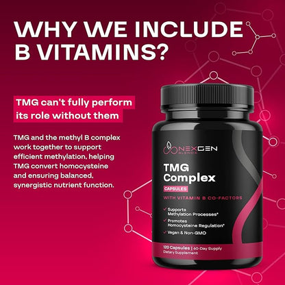 TMG Trimethylglycine Supplement with Methyl B Complex - 500mg Betaine TMG Supplement with Methylated Vitamin B Co Factors for Homocysteine Heart & Liver Support - Vegan & Non-GMO (2 Month Supply)