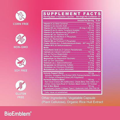 BioEmblem Women's Multivitamin - Complete Daily Multi for Immunity, Energy, Hair, Skin with Vitamin A, B12, B6, D3, Biotin, Iron, Magnesium, Collagen and Veggie Blends - Gluten Free - 90 Capsules