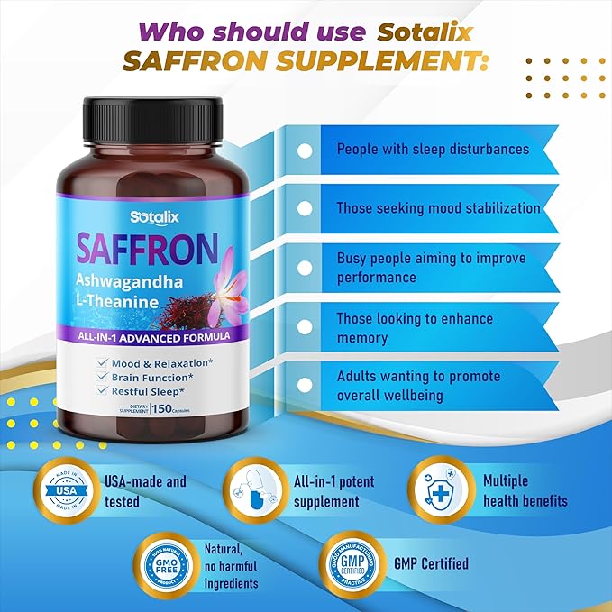 Saffron with Ashwagandha, Ginseng, L-Theanine, Relaxation, Restore - USA Made & Tested (150-day Supply (Pack of 1))