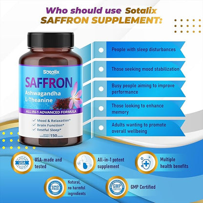 Saffron with Ashwagandha, Ginseng, L-Theanine, Relaxation, Restore - USA Made & Tested (150-day Supply (Pack of 1))