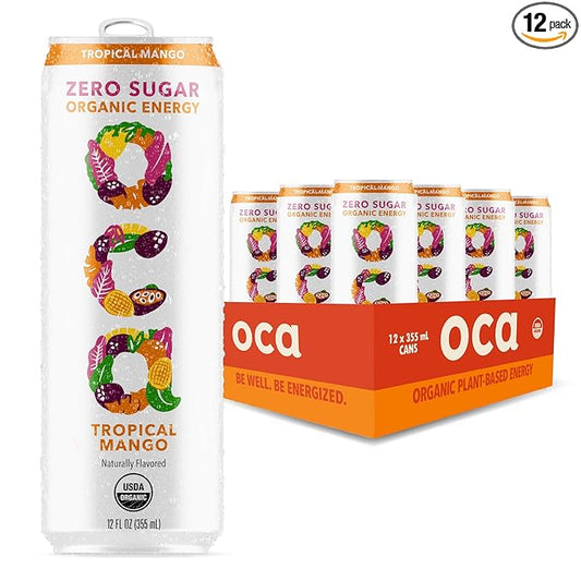 OCA ZERO Tropical Mango, Organic energy drink, zero sugar, gluten-free, vegan plant-based, 12 Fl Oz (12-pack)