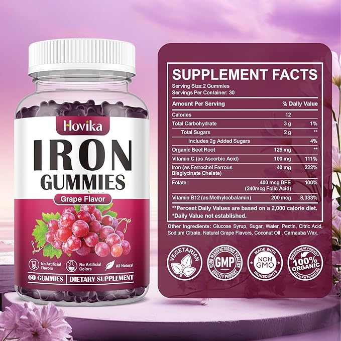 Iron Gummies Supplement for Women & Men, Iron Supplements for Anemia with Vitamin C, B12, Folate-Blood Builder & Energy Support for Iron Deficiency-Grape Flavor, Vegan, 60 Gummies