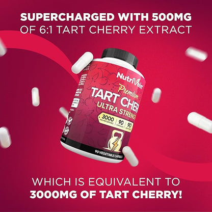Nutrivein Premium Tart Cherry Capsules 3000mg: Ultra Strength Tart Cherry Extract Supplement for Post-Athletic Recovery, Detox, Rest, & Mobility