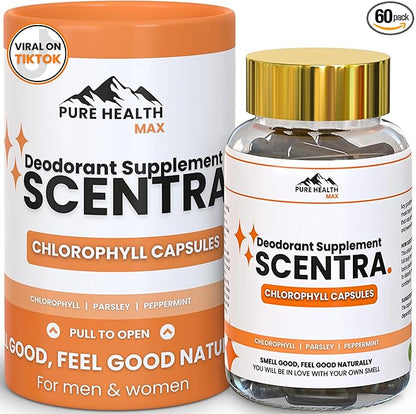 Scentra Deodorizing Supplement | Chlorophyll Capsules for Women and Men, Full Body Deodorant Pills | Natural Internal Odor Defeat Supplements, 60 Tablets for Breath, Underarm, Skin with Mint & Parsley