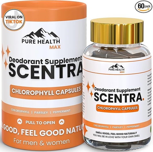 Scentra Deodorizing Supplement | Chlorophyll Capsules for Women and Men, Full Body Deodorant Pills | Natural Internal Odor Defeat Supplements, 60 Tablets for Breath, Underarm, Skin with Mint & Parsley