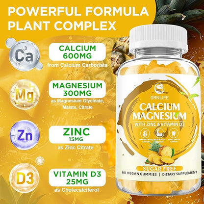 Calcium Magnesium Zinc Gummies with Vitamin D3, Sugar Free Calcium Gummies for Women Men, High Potency Magnesium Gummies for Bone & Muscle & Immune Health, Pineapple Flavor - 120 Count