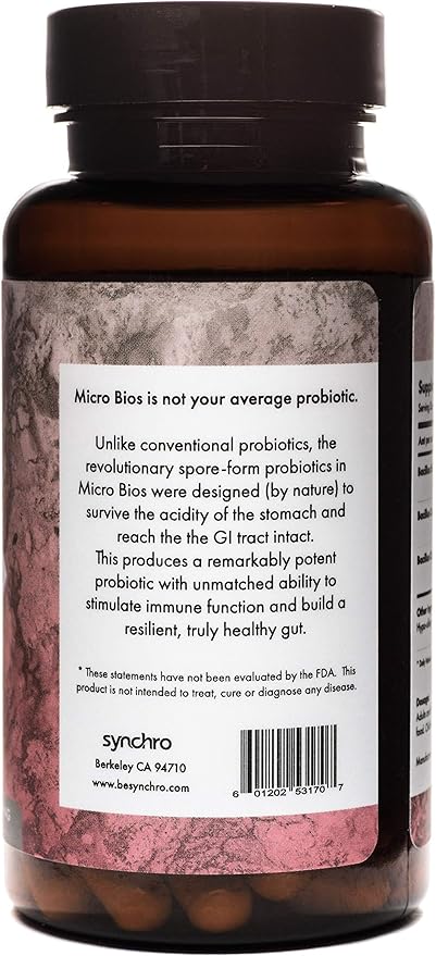 Synchro Micro•Bios - Medical-Grade Spore-Form Probiotic - Bacillus Subtilus (HU58), Coagulans and Clausii - Powerful Immune Health + GI Support - 60 Capsules