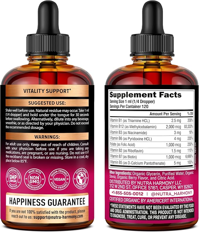 USDA Organic Vitamin B-Complex B5 Pantothenic Acid | B12 Methylcobalamin | B1 Thiamine | B6 Pyridoxine | B7 Biotin | B9 Folic | B3 Niacinamide - B Complex Liquid Drops, Made in USA Supplement, 4fl oz