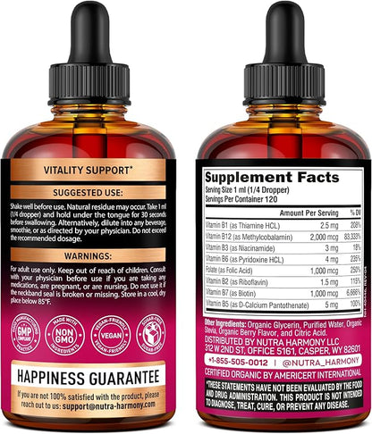 USDA Organic Vitamin B-Complex B5 Pantothenic Acid | B12 Methylcobalamin | B1 Thiamine | B6 Pyridoxine | B7 Biotin | B9 Folic | B3 Niacinamide - B Complex Liquid Drops, Made in USA Supplement, 4fl oz