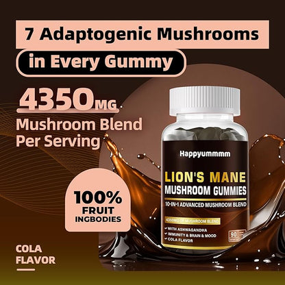 Mushroom Gummies - 10x Mushroom Supplement with Ashwagandha and Lions Mane (90 Chews) Nootropic Brain Supplement, Immune Support & Stress Relief-Coke Flavor