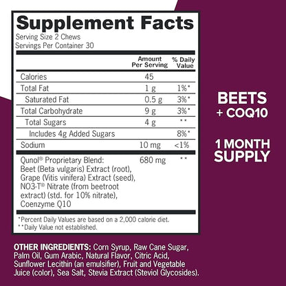 Qunol Beets Chews for Blood Pressure Support, 3 in 1 Beets + CoQ10 + Grape Seed Extract, Supports Healthy Blood Circulation & Heart Healthy Energy, 60 Chews