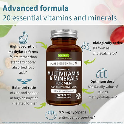 Igennus Methylated Men's Multivitamin, MTHFR Supplement with Active B-Vitamins, 22 Highly Bioavailable Nutrients, Multivitamin for Sustained Release, Clean Label, Non-GMO & Halal 60 Tablets