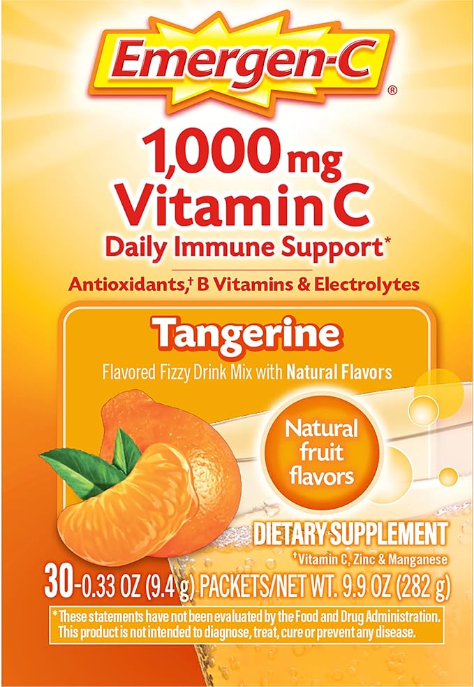 Emergen-C 1000mg Vitamin C Powder, with Antioxidants, B Vitamins and Electrolytes, Vitamin C Supplements for Immune Support, Caffeine Free Fizzy Drink Mix, Tangerine Flavor - 30 Count