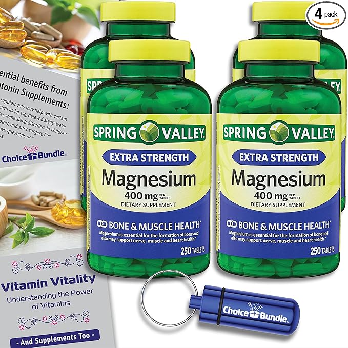 Spring Valley Magnesium Bone & Muscle Health Tablets 400 mg 250 Ct 4 pk (1,000 Total) + “Vitamin Vitality” Guide & Pill Container (6 Items)!
