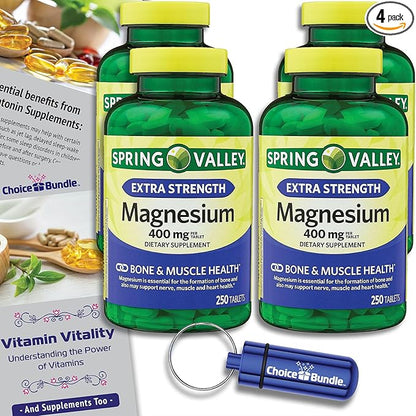 Spring Valley Magnesium Bone & Muscle Health Tablets 400 mg 250 Ct 4 pk (1,000 Total) + “Vitamin Vitality” Guide & Pill Container (6 Items)!