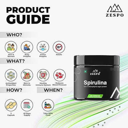 Spirulina 1100mg – Vegan Superfood Capsules for Heart, Immune & Energy Support – Plant-Based Protein &– 90 Capsules