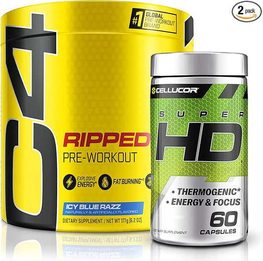 C4 Ripped & SuperHD, The Thermogenic Bundle, C4 Ripped Pre Workout Powder, ICY Blue Razz 30 Servings + SuperHD with Capsimax and Green Tea Extract, 60 Servings
