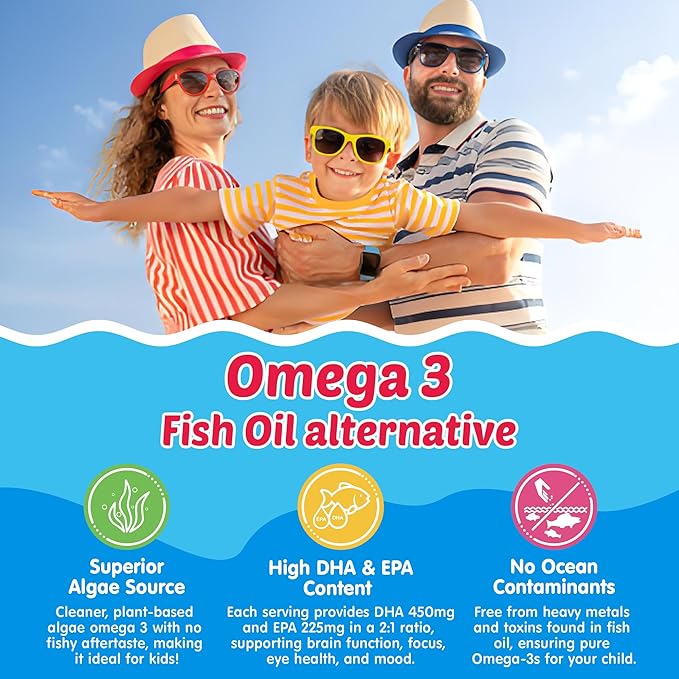 Vegan Omega 3 Gummies 1 Pack + Sugar Free Omega 3 Gummies for Kids 2 Pack