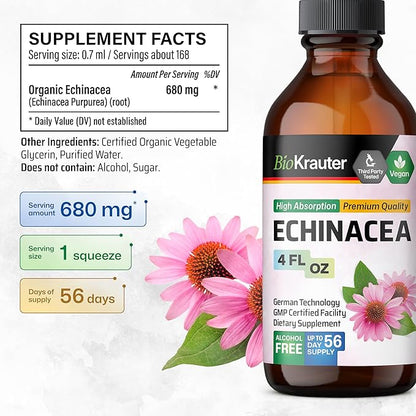 BIO KRAUTER Echinacea Drops - Natural Immune Support - Echinacea Tincture Supplement - Vegan, Alcohol & Sugar Free Drops - 4 Fl.Oz.