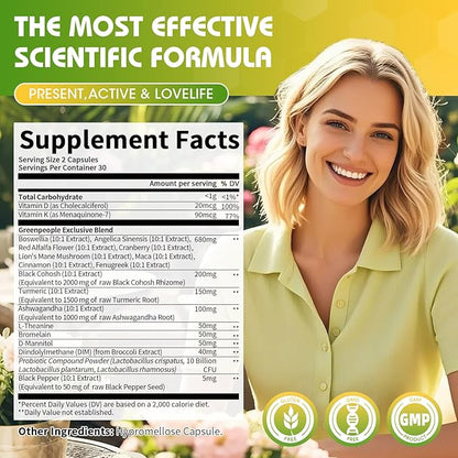 Menopause Turmeric Supplements for Women - Turmeric Capsules with Boswellia/Ashwagandha/Black Cohosh Extract for Mood, Sleep,Joint & Bone - 60 CT Probiotic Compound