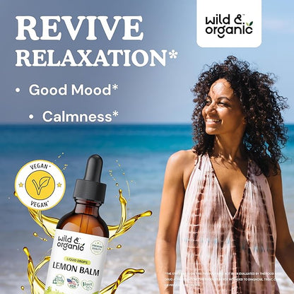 Wild & Organic Lemon Balm Drops - Relaxing Lemon Balm Leaf Extract Supplement - Calming Melissa Officinalis Tincture - Vegan, Sugar & Alcohol-Free - 2 fl oz