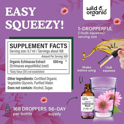 Wild & Organic Echinacea Drops - Immune Support Supplement with Echinacea Angustifolia - Liquid Root Extract Tincture - Vegan, Sugar & Alcohol-Free - 4 fl oz