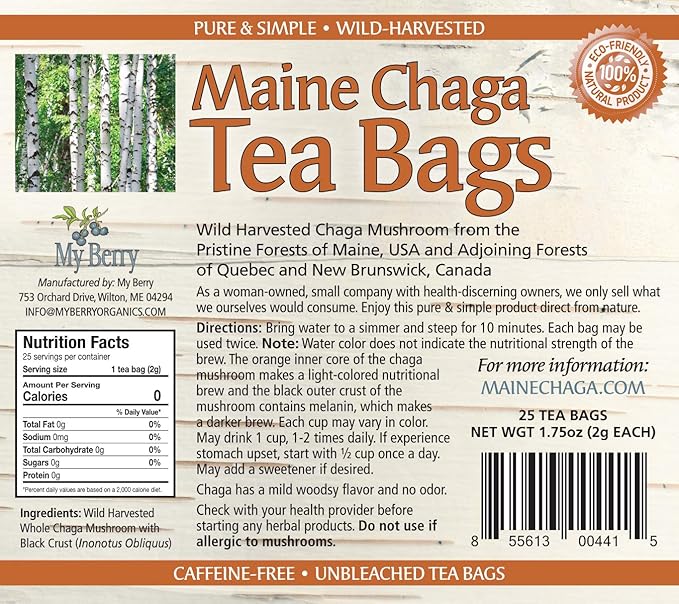 Maine Chaga Tea Bags, Pesticide Free, NOT Imported Chaga, 25 Bleach-Free Bags, USA & Canadian Grown