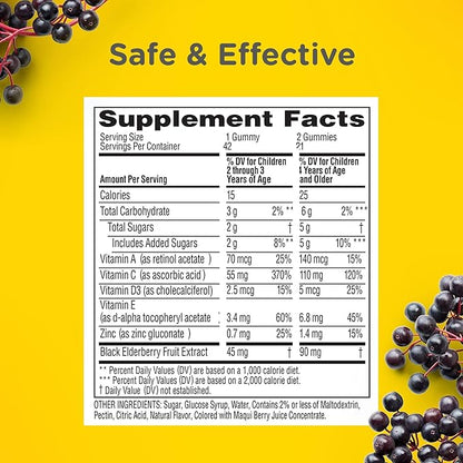 Zarbee's Children's Daily Immune Support Gummies with Real Elderberry + Vitamins A, C, D, E & Zinc to Help Promote a Healthy Immune System, No Artificial Flavors, Gluten-Free, 42 ct