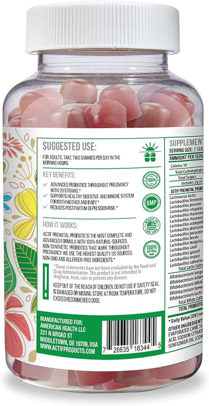 ACTIF Prenatal Probiotic Maximum Strength with 75 Billion CFU and 20 Strains, Immunity and Gut Support, Zero Nausea Formula - Made in The USA, 60 Gummies, Strawberry Flavor