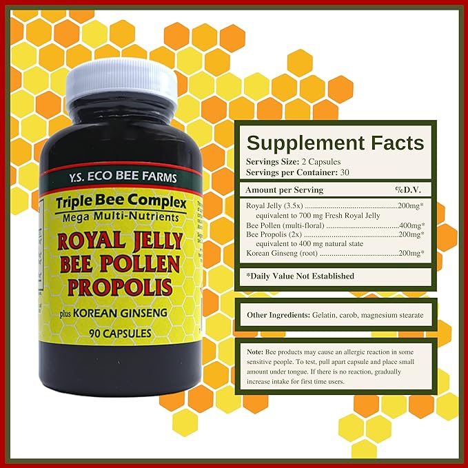 Worldwide Nutrition Y.S. Eco Bee Farms Triple Bee Complex Royal Jelly Bee Pollen Propolis with Korean Ginseng - Health and Wellness Organic Bee Pollen Supplement - 90 Ct w/Multi Purpose Key Chain